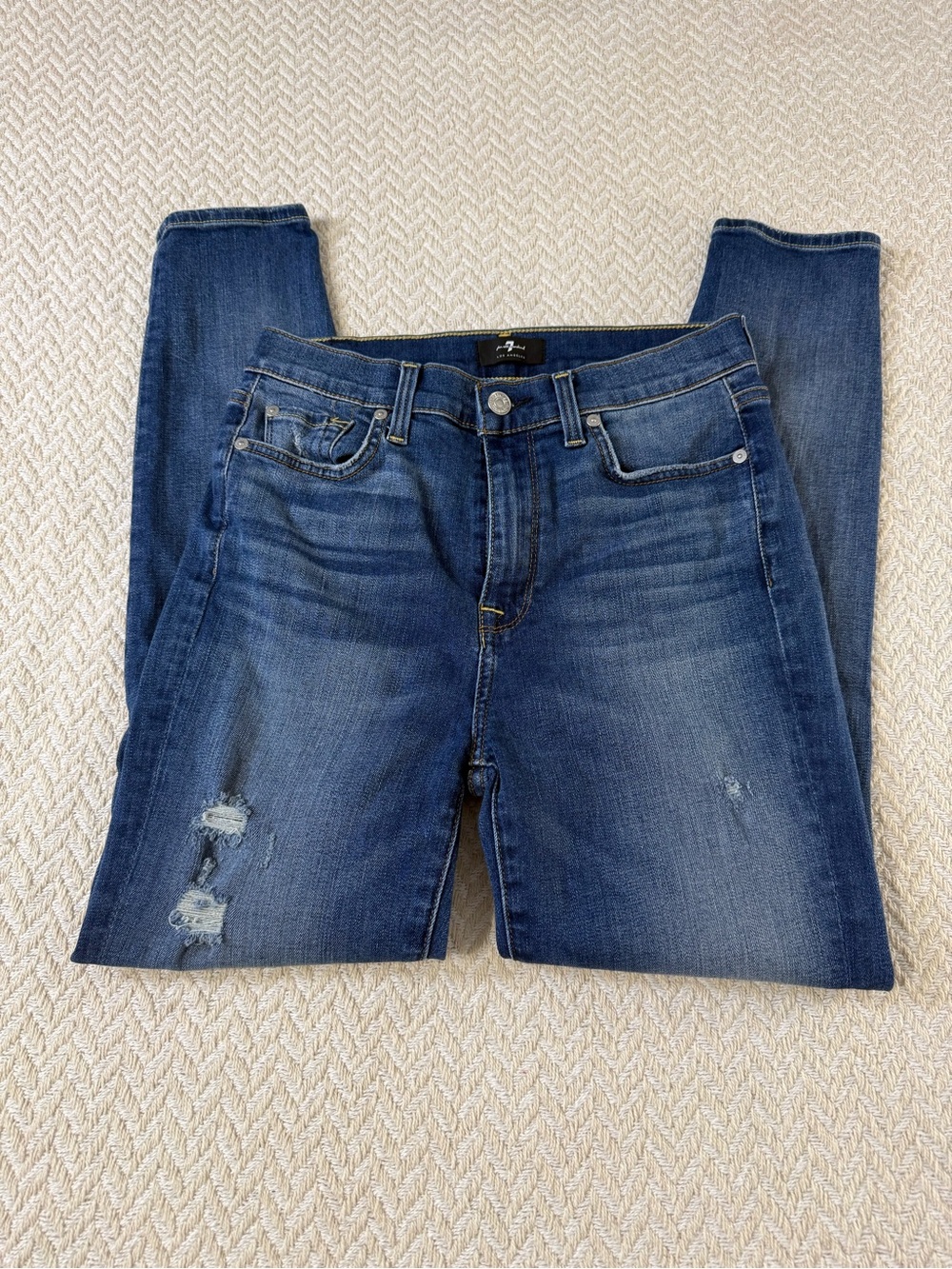 7 For All Mankind Dark Blue Skinny Ankle Jeans with Light Distressing Size 27